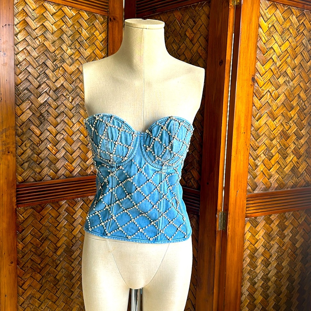 *FESTIVAL READY* Miss Lola NWT Denim/Rhinestone bustier large (fits like medium)